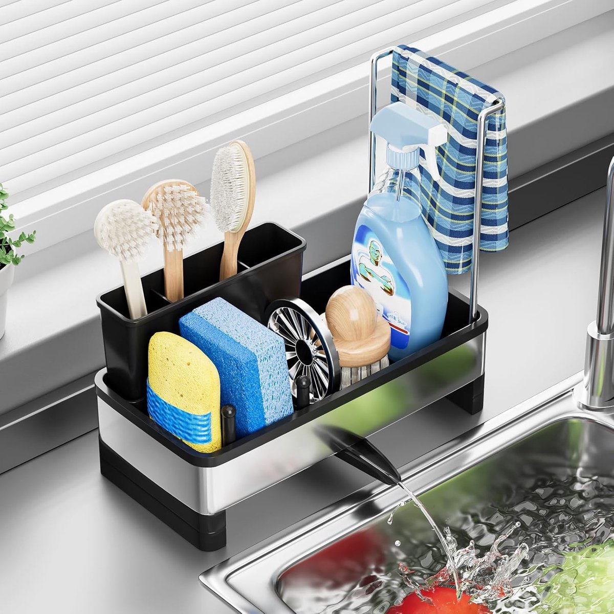 SnelShoppen - Sink Caddy Keuken Organizer - RVS Spons Houder met Draai Afvoer - Keukenaccessoires met Handdoekhouder en Borstelrek - Zwart 25x12.5x23c