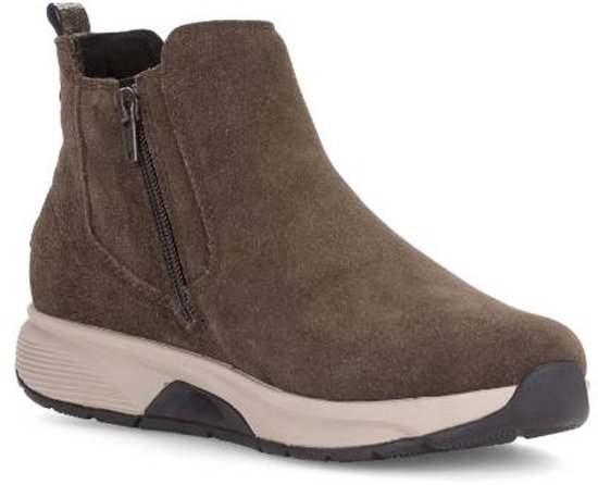 Bruin suède enkellaarsje met ritssluiting, beige zool en glitterdetail.