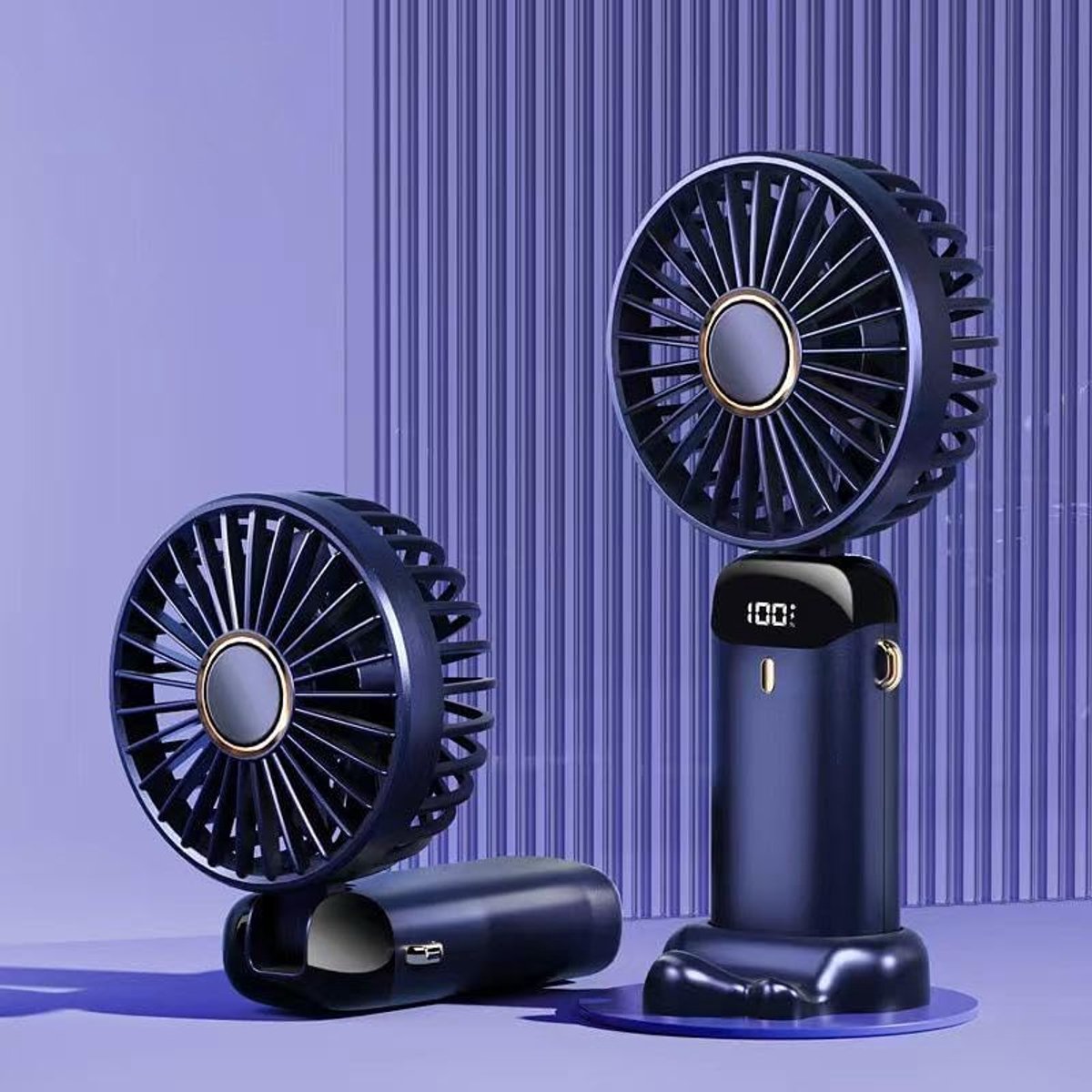 LISM-Batterijgevoede handventilator - draagbaar, oplaadbaar, 5 snelheden - USB-aansluiting, opvouwbaar, LED-display - donkerblauw