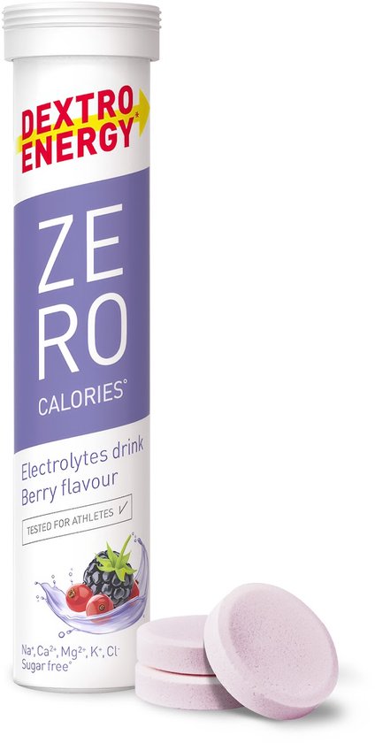 Tube Dextro Energy ZERO CALORIES Berry flavour met drie bruistabletten ernaast.