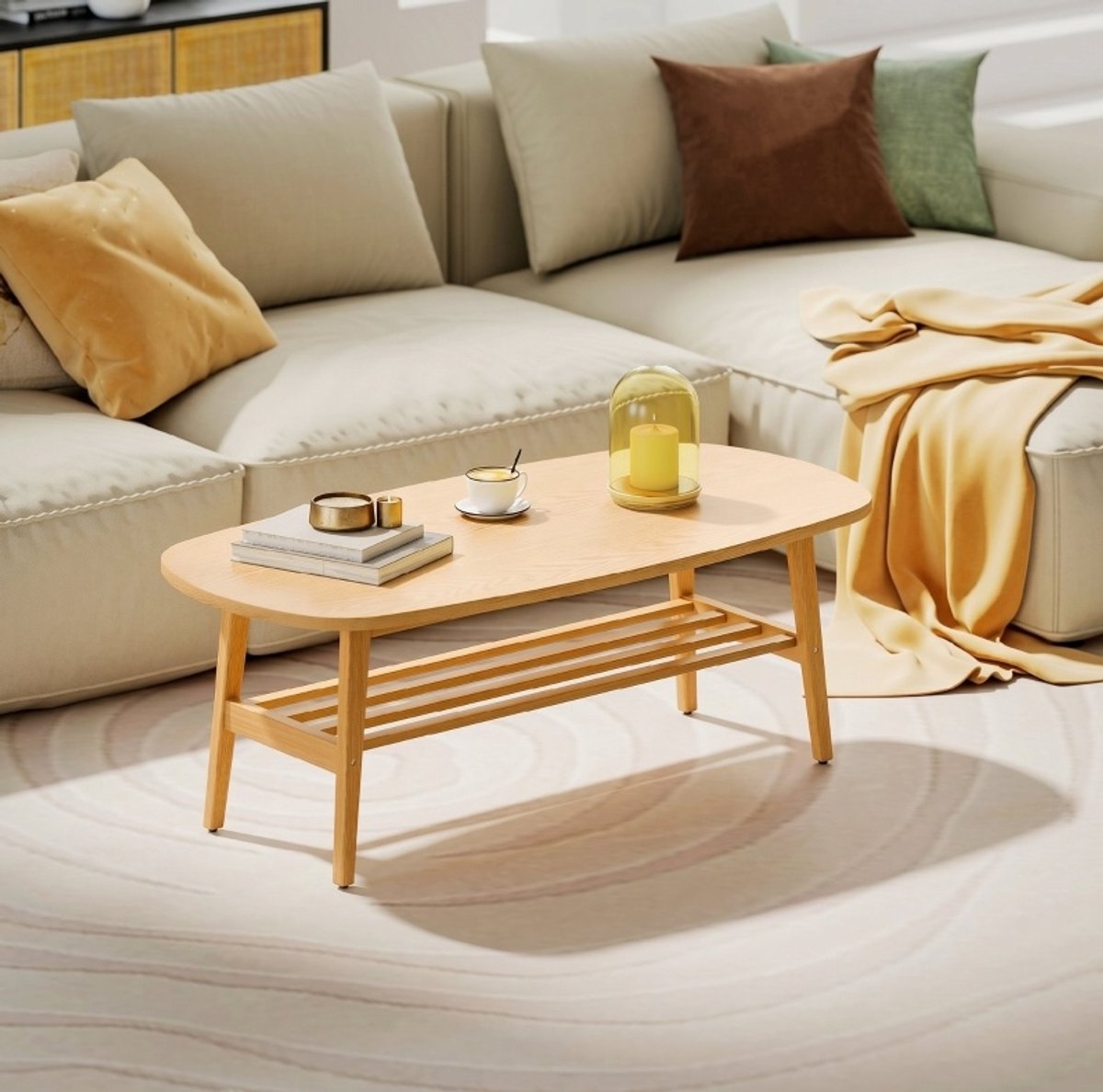MEUNIQ Salontafel ovaal 120 x 60 x 42 cm met open opbergplank voor woonkamer of slaapkamer, koffietafel met natuurlijke houtlook, naturel Natuurlijk hout