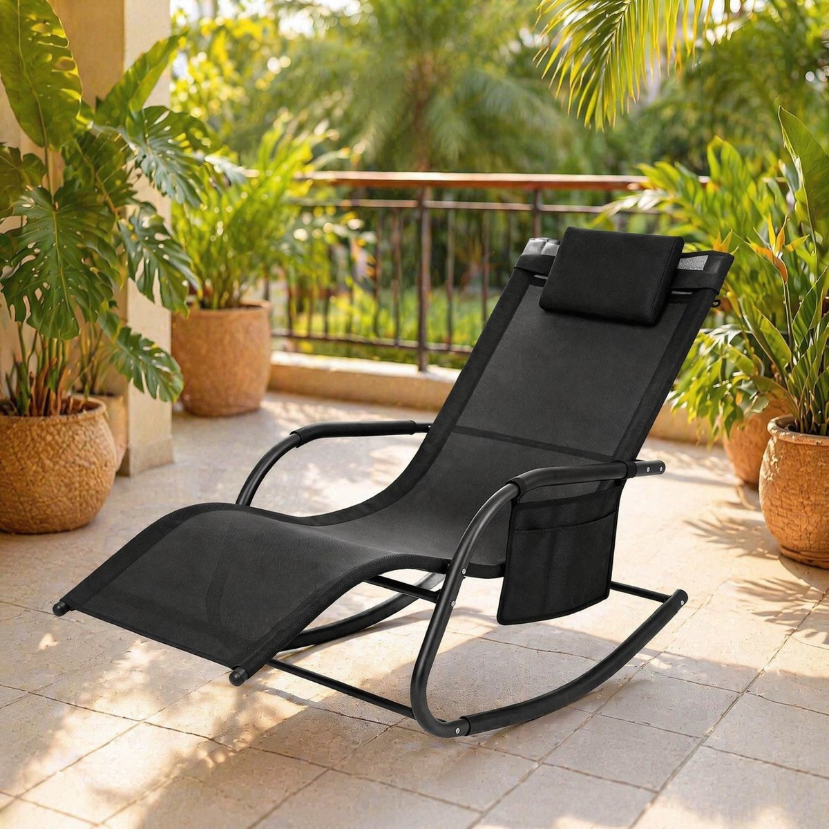 FloraGrace Schommelstoel 152 x 83 x 62 cm - Ergonomische Ligstoel Met Zijvak En Hoofdkussen - Voor Tuin, Balkon En Terras - Metaal En Polyester - Zwart