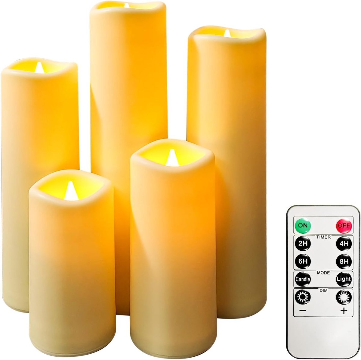 Thijox - Set van 5 vlamloze LED kaarsen, ivoor, D2.2xH4"5"7"8"9", flikkerende buitenkaarsen op batterijen met afstandsbediening en timer voor feesten,