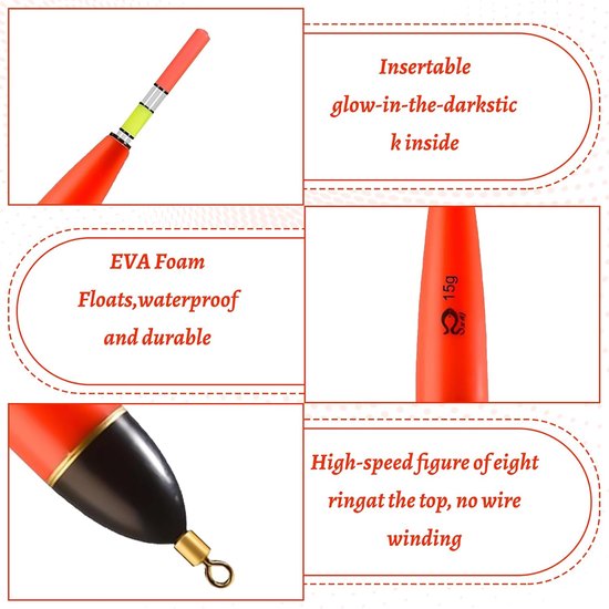 Thijox - 5 Stuks Hengelaccessoires Dobberset - Lichtgevende EVA Dobbers voor Snoek, Baars en Karper - 5/8/10/12/15 g - Ideaal voor Nachtvissen van Thijox — afbeelding 2
