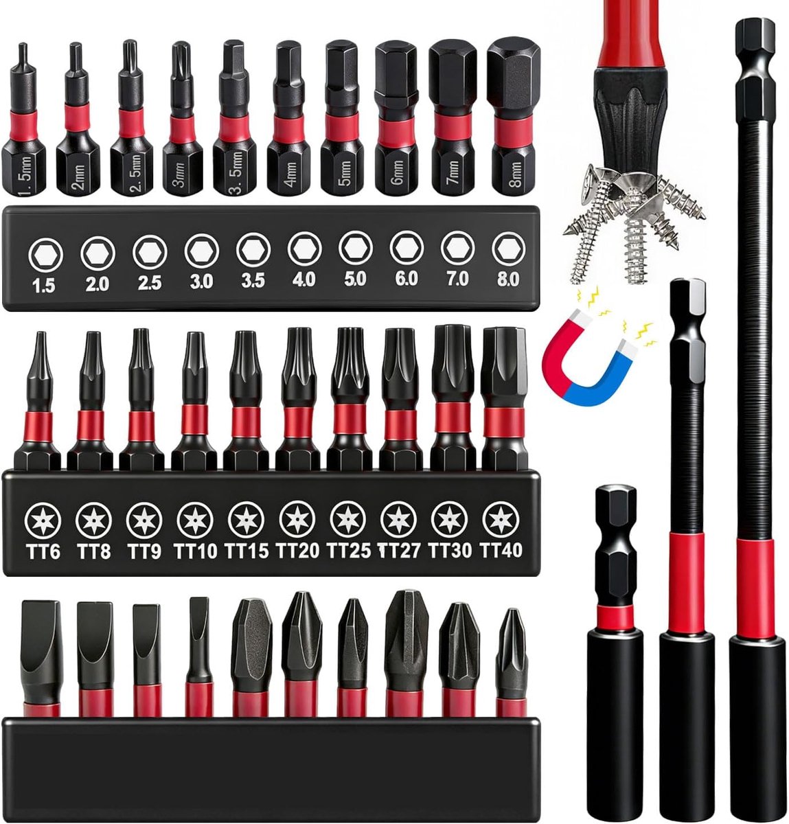 SnelShoppen - 33-delige Bit Houder Set met 60/100/150 mm Bit Extensie, Allen Bits, Torx Bits en Combi Bits, Gemaakt van S2 Staal, Geschikt voor Klopbo