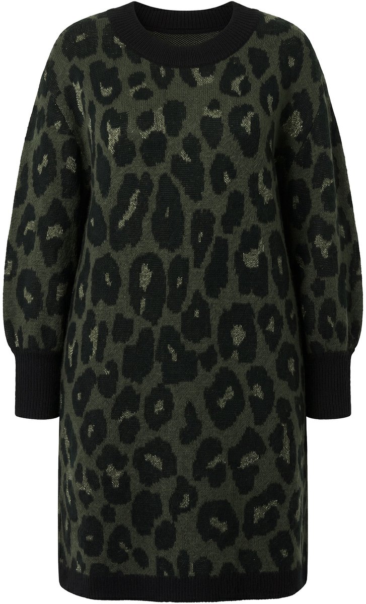 Studio Untold - Dames - Gebreide jurk oversized luipaardmotief ballonmouwen - Donkerolijf - Maat 50+
