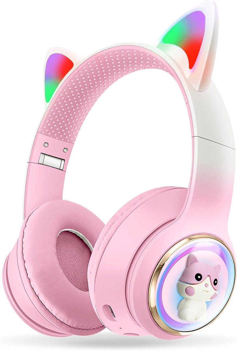 SnelShoppen - Bluetooth Hoofdtelefoon voor Kinderen met LED, Kattenoren, Vouwbaar, Over-Ear Stereo Geluid, Draadloos en Bedraad, 105 dB Volume, Blueto