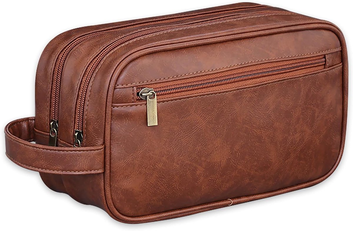 SnelShoppen - Toilettas voor Mannen, Waterdichte Toiletry Bag met Drie Compartimenten, Make-up Tas, Nat en Droog Sectie, Bruin Leer, Perfect voor Reiz