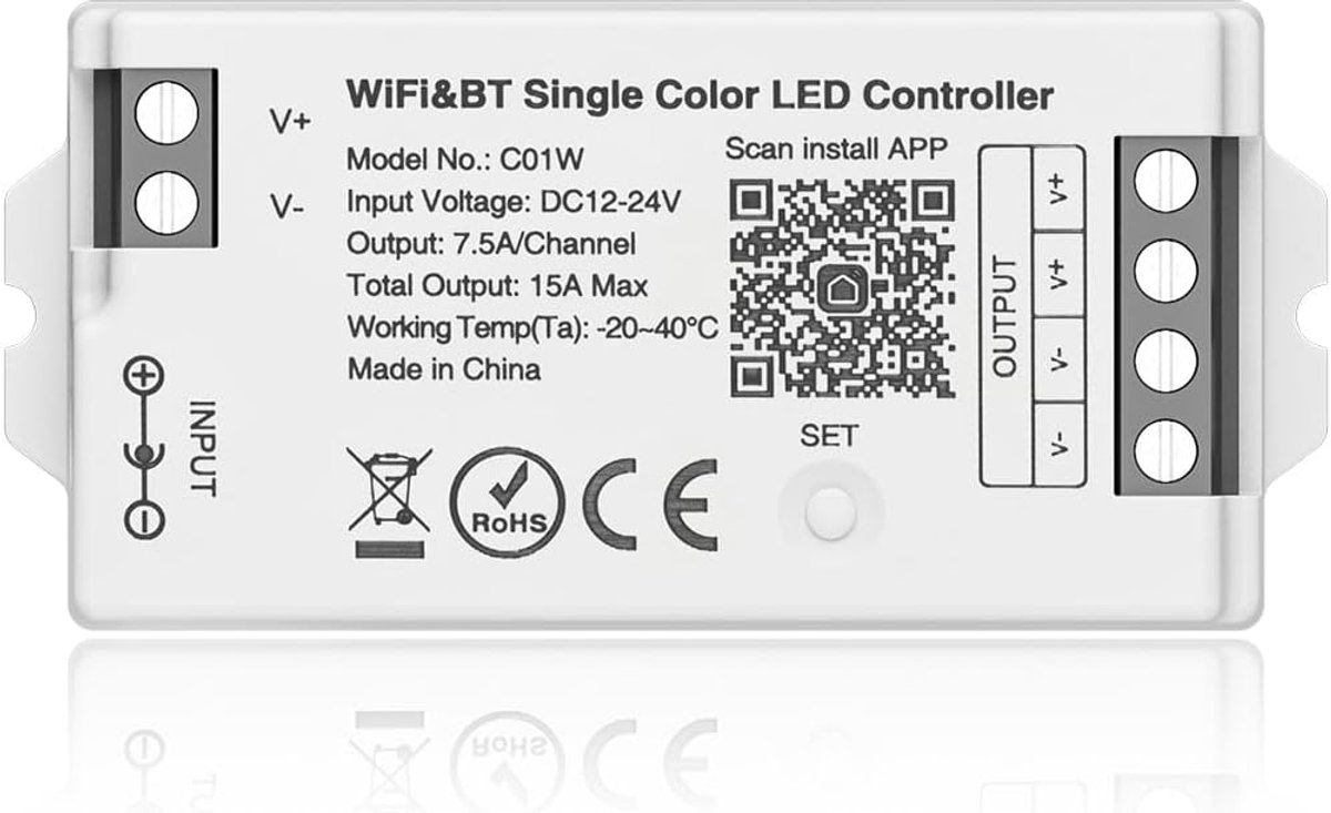 SnelShoppen - RGB LED Strip Controller - Dimmer voor 2PIN LED Strips - 2.4GHz Tuya WiFi, App, Alexa & Google Home - Voor Slimme Verlichting in Huis, T