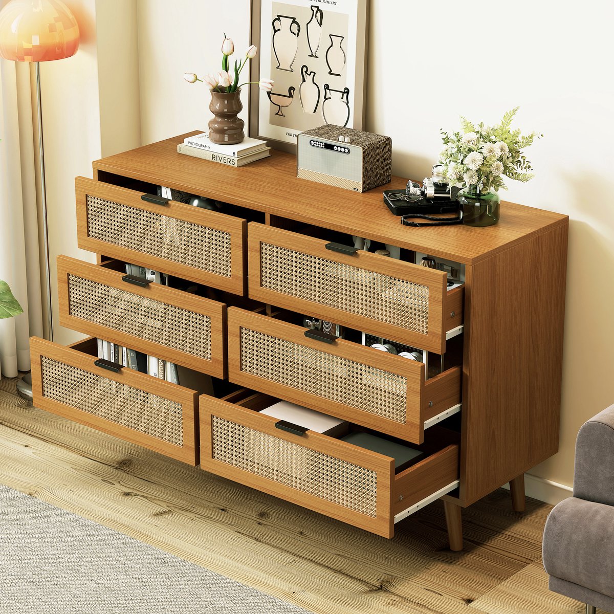 Wishdor - Dressoir - 6 lades - rotanlook fronten en metalen handgrepen - retro - slaapkamer woonkamer kantoor - houtlook en massief hout - walnoot - 120 x 40 x 76,5 cm