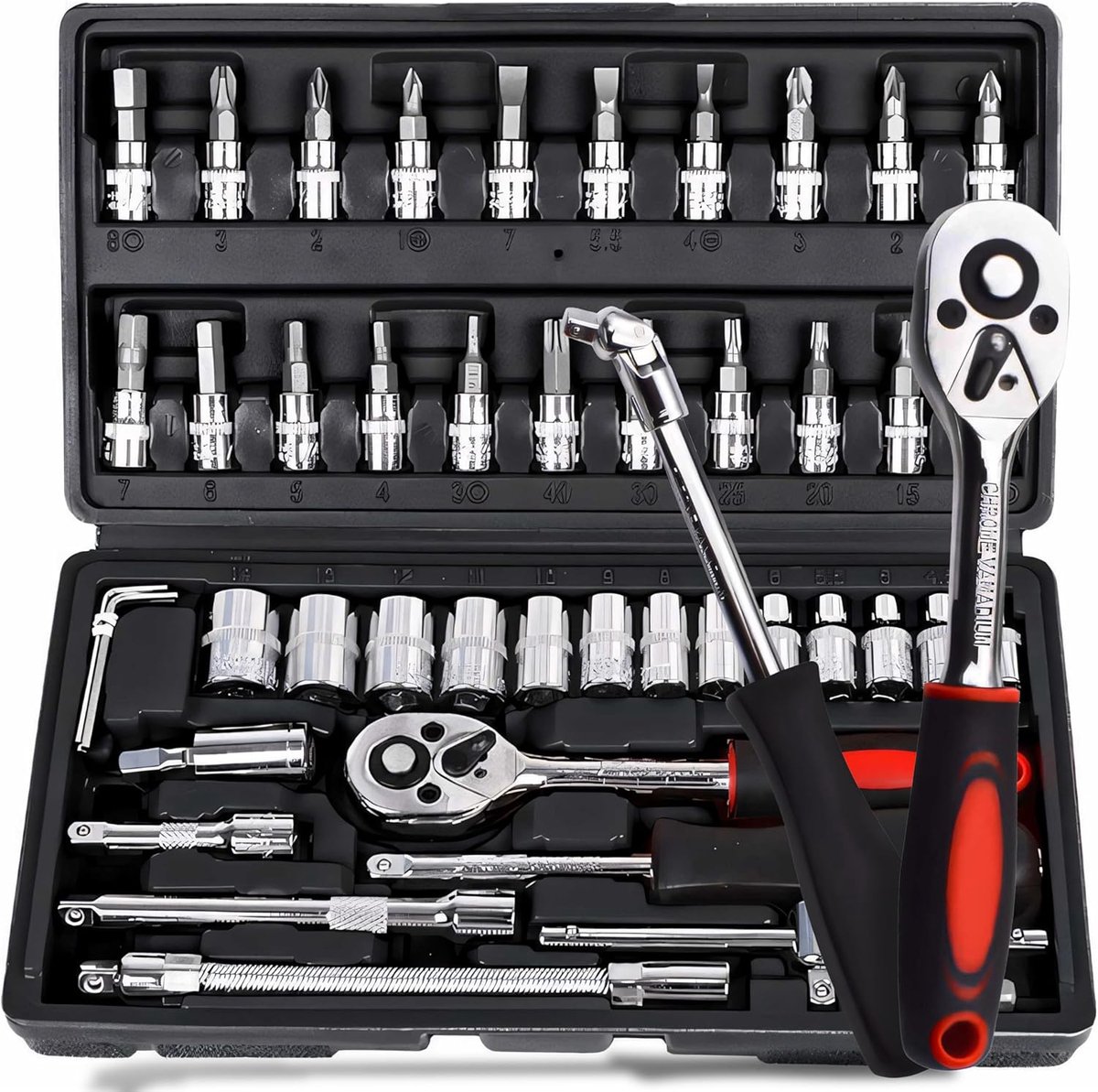 SnelShoppen - 46-delige Steeksleutelset 1/4 Inch - Omkeerbare Ratsleutel met Schroevendraaier Handvat - Gereedschapset voor Auto, Huis en DIY - Zwart