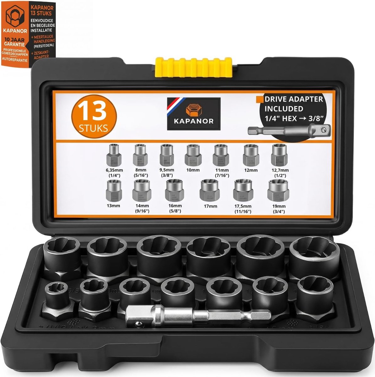 SnelShoppen - Wheel Lock Disassembly Set 13 Socket Wrenches 6.35-19 mm + HEX-Adapter - Riem Lock Verwijder Set voor Beschadigde en Roestige Bouten - L