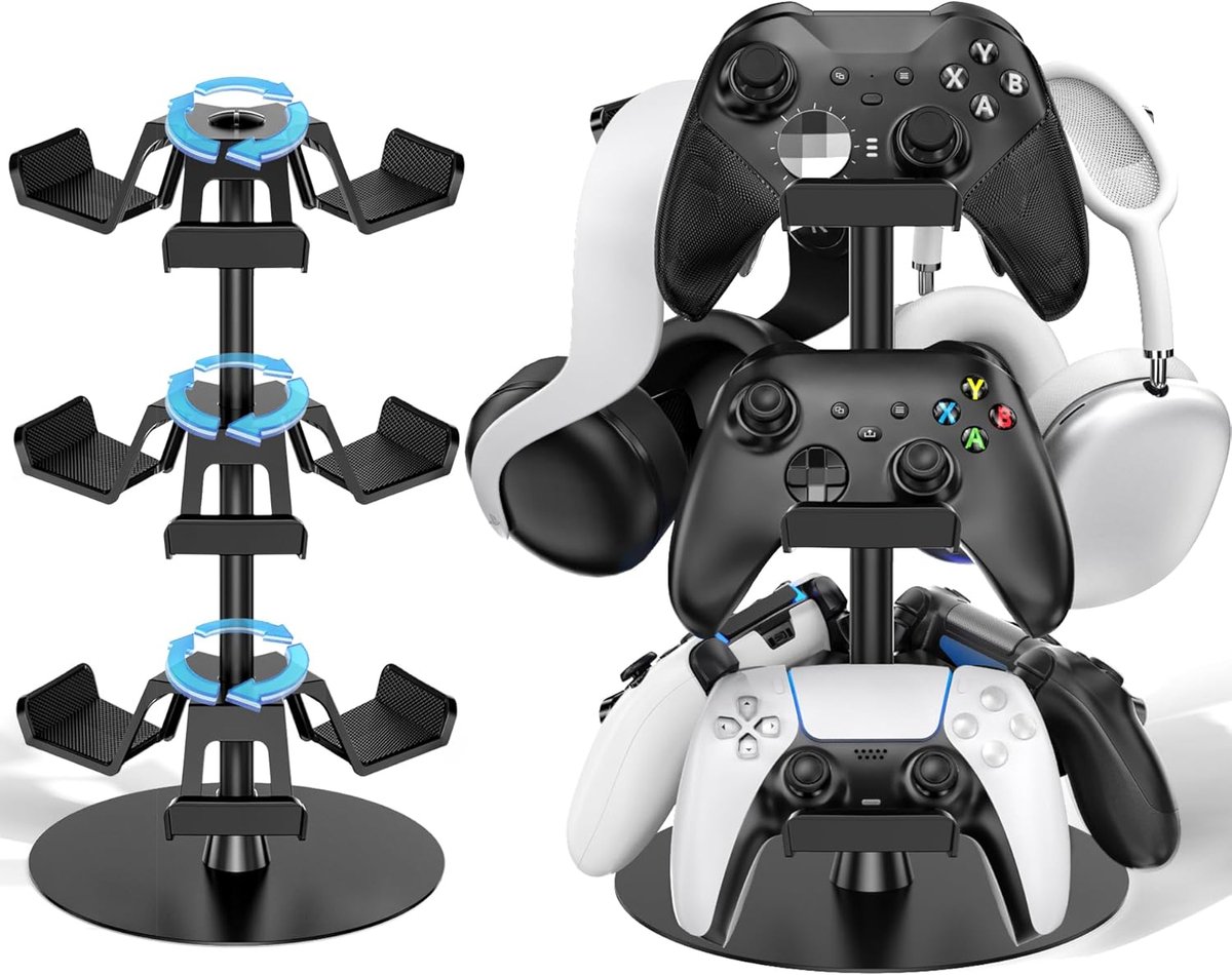 SnelShoppen - Gamer Headphone Holder - 3-laagse Symmetrisch Design voor 9 Controllers - 360 Graden Desk Hoofdtelefoonhouder - Eenvoudig te Monteren