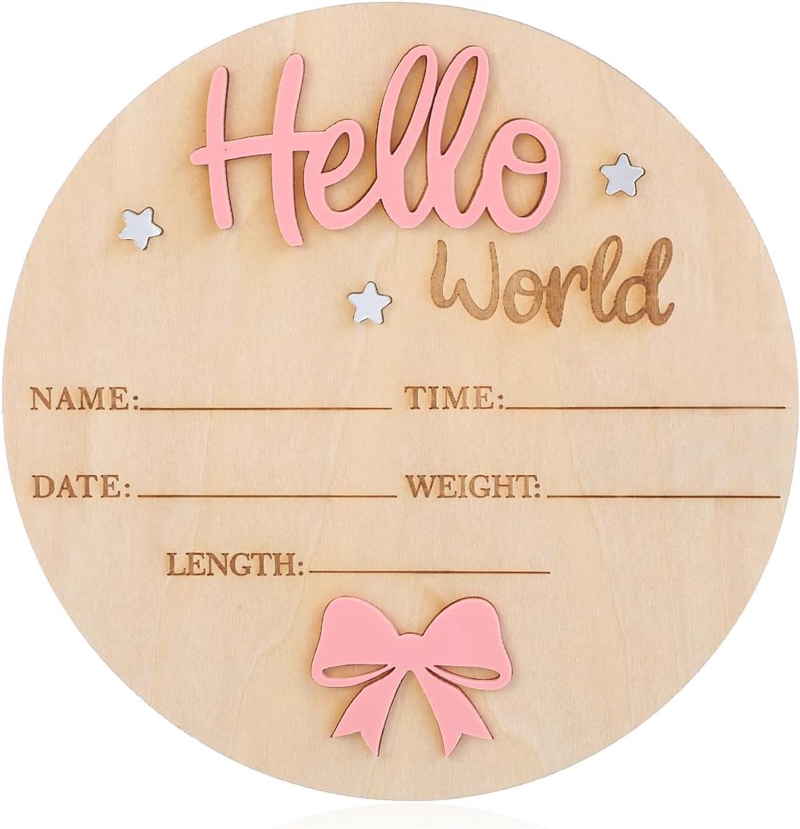 SnelShoppen - Houten Hello World Baby Aankondiging Bord - Persoonlijke Geboorte Milestone Kaarten - Roze Rond Babyshower Decoratie voor Nieuwe Ouders