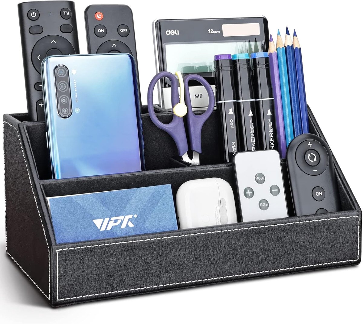 SnelShoppen - Multifunctionele Bureau Organizer - Pennenhouder, Desk Organizer van PU Leer, 5 Compartimenten, Zwart voor Kantoor, Thuis, Studie