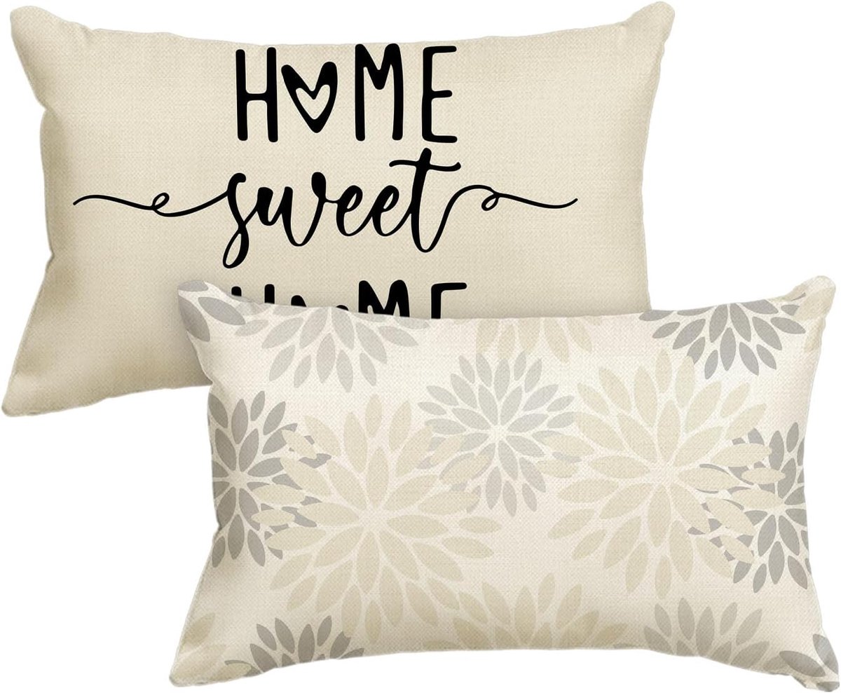 SnelShoppen - Set van 2 Kussenhoezen voor Sofa - 30 x 50 cm - Witte Dahlias Bloemen - Polyester - Geschikt voor Woonkamer, Tuin en Buiten