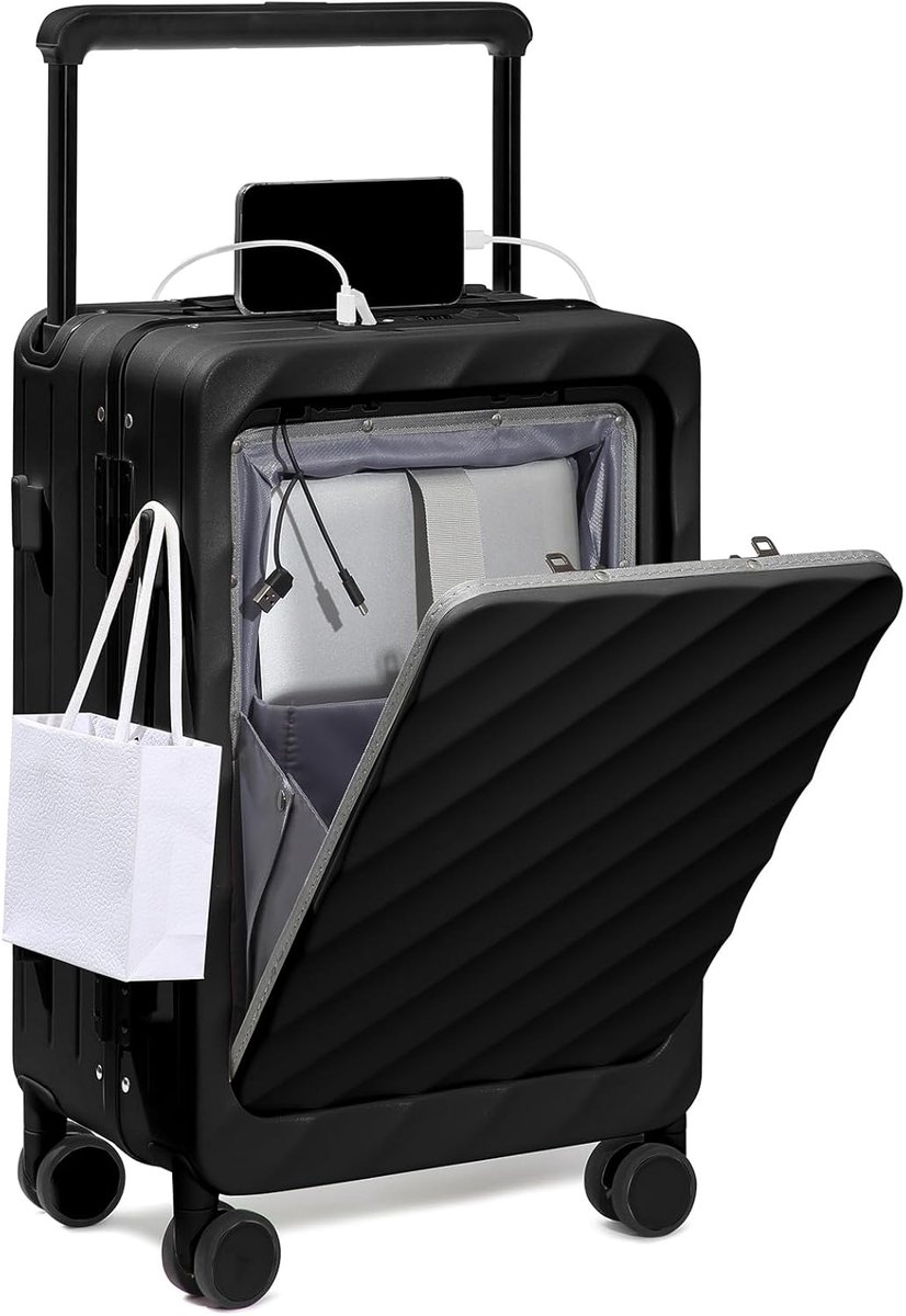 SnelShoppen - Cabin Luggage Koffer 20" Lichtgewicht Harde Schelp Koffer met Front Opening, TSA Slot, YKK Rits, USB + Type-C Poort, Zwart, M, Ideaal vo