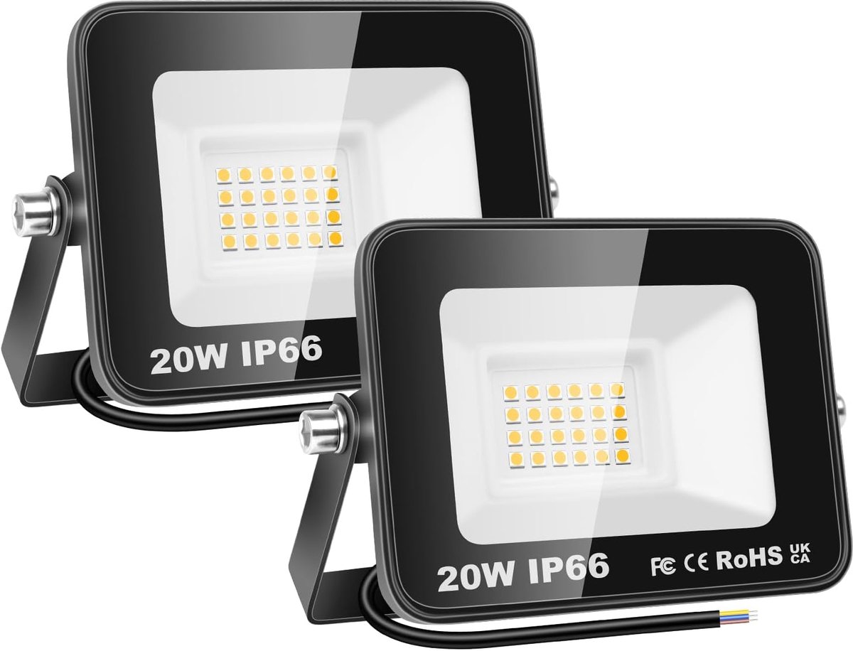 SnelShoppen - LED Flood Light Buiten, 2x 20W 2000 Lumen Superhelder 3500K Warm Licht, IP65 Waterdicht Tuinverlichting voor Tuin, Patio, Factory