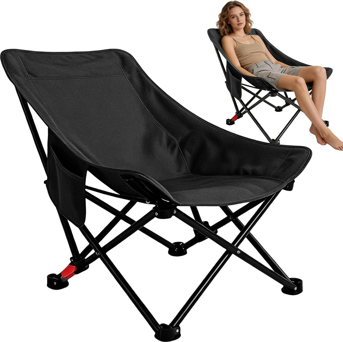SnelShoppen - High Back Vouwbare Campingstoel 120 kg Ultralicht Campingstoel Met 2 Zijvakken, Ideaal Voor Kamperen, Vissen, Tuin Of Feest