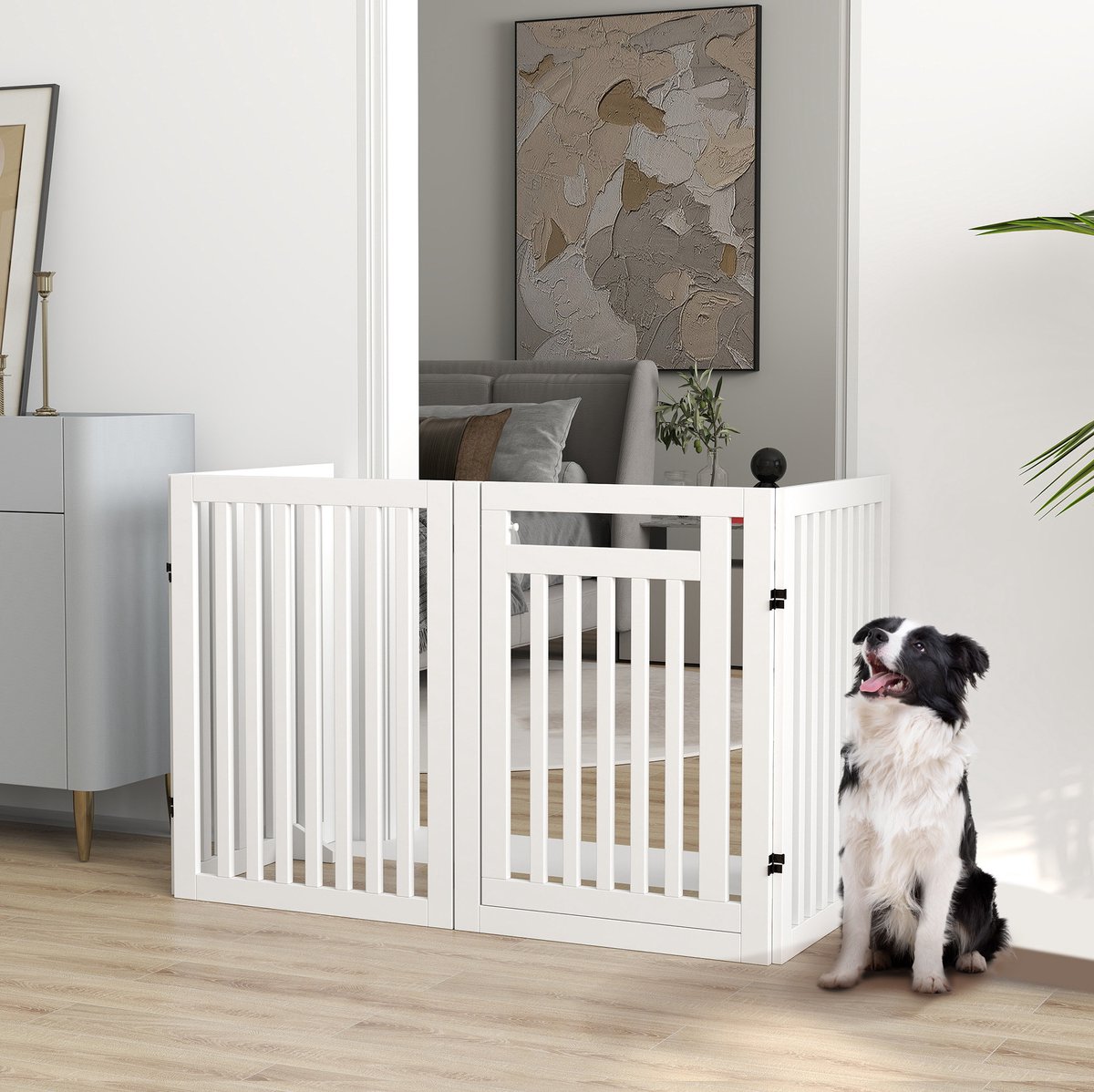 MODENUIT Hondenhek – Opvouwbaar Vrijstaand – 240 x 81 cm – MDF – Wit – Met Deur en 4 Panelen