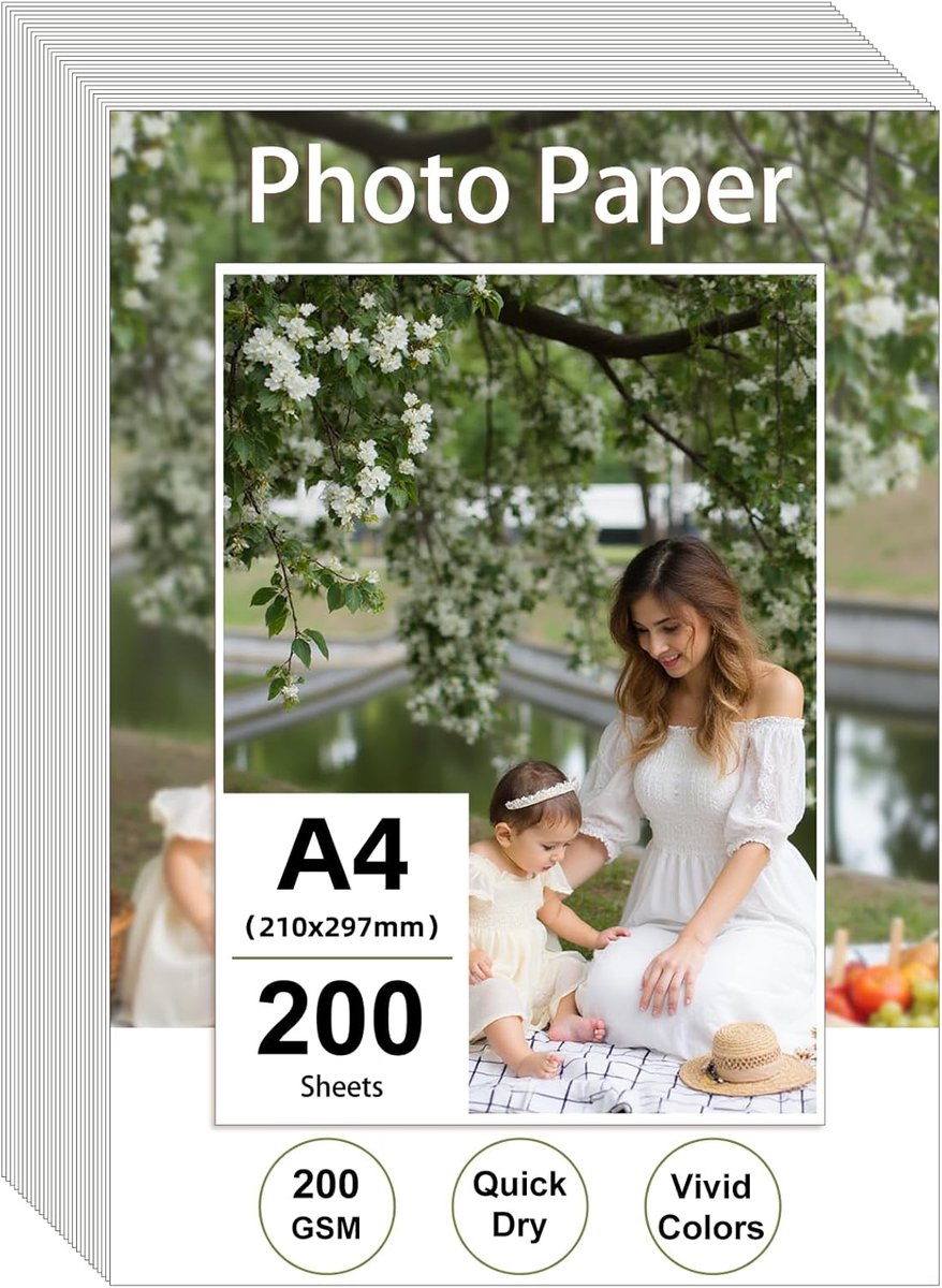 SnelShoppen - Photo Paper A4 Glossy 200 g/m² - 200 Vellen - Hoogglans Printerpapier voor Foto's, Certificaten, Posters, Leaflets, 21 x 29,7 cm