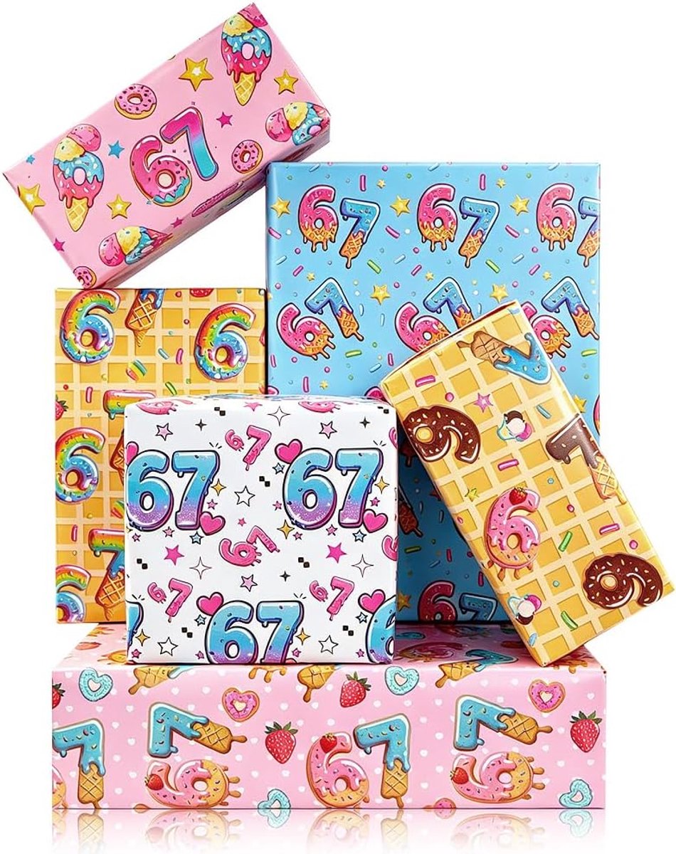 SnelShoppen - Ijs Donut Inpakpapier 67 Roze Blauw 6 Vellen 50x70cm Verjaardag Feestartikelen Zoet Dessert Cadeaupapier