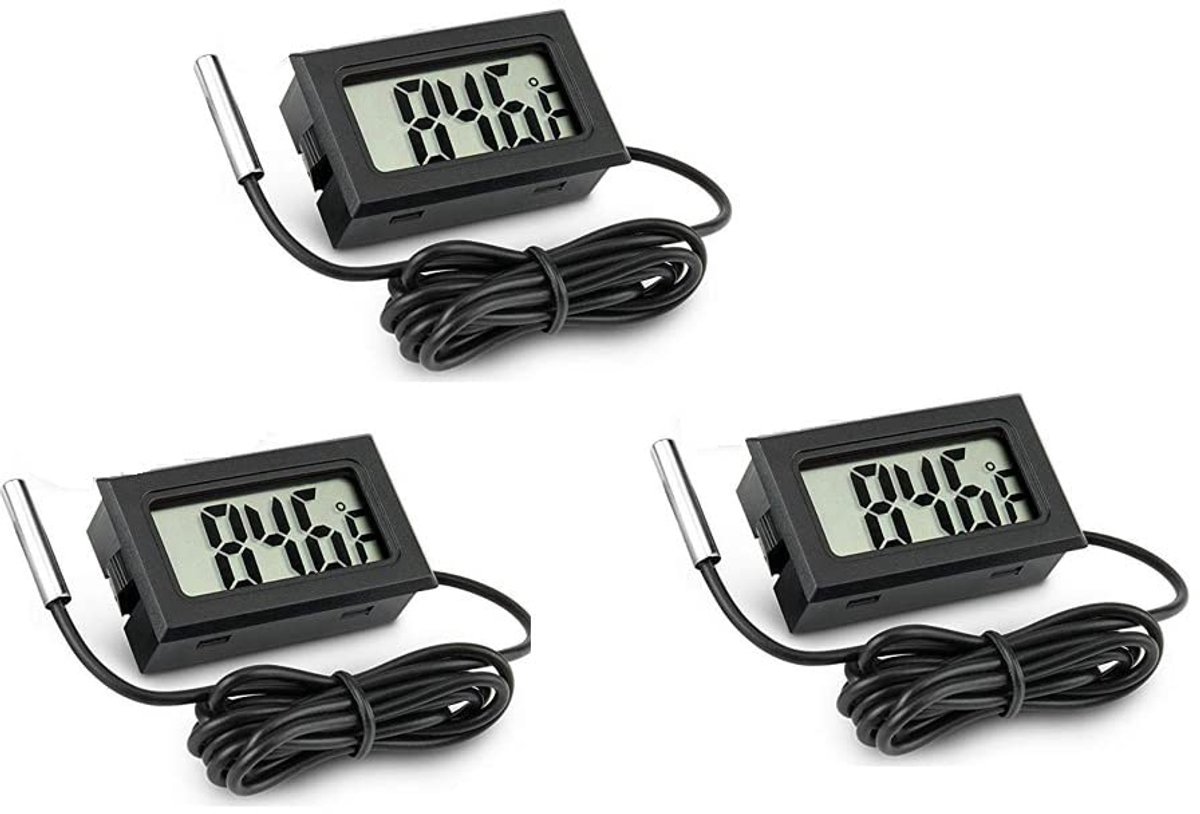 SnelShoppen - 3Pcs Digitale LCD Thermometer Temperatuurmonitor met Externe Probe voor Koelkast, Vriezer, Aquariums, Zwart - Temperatuurbereik -50 tot