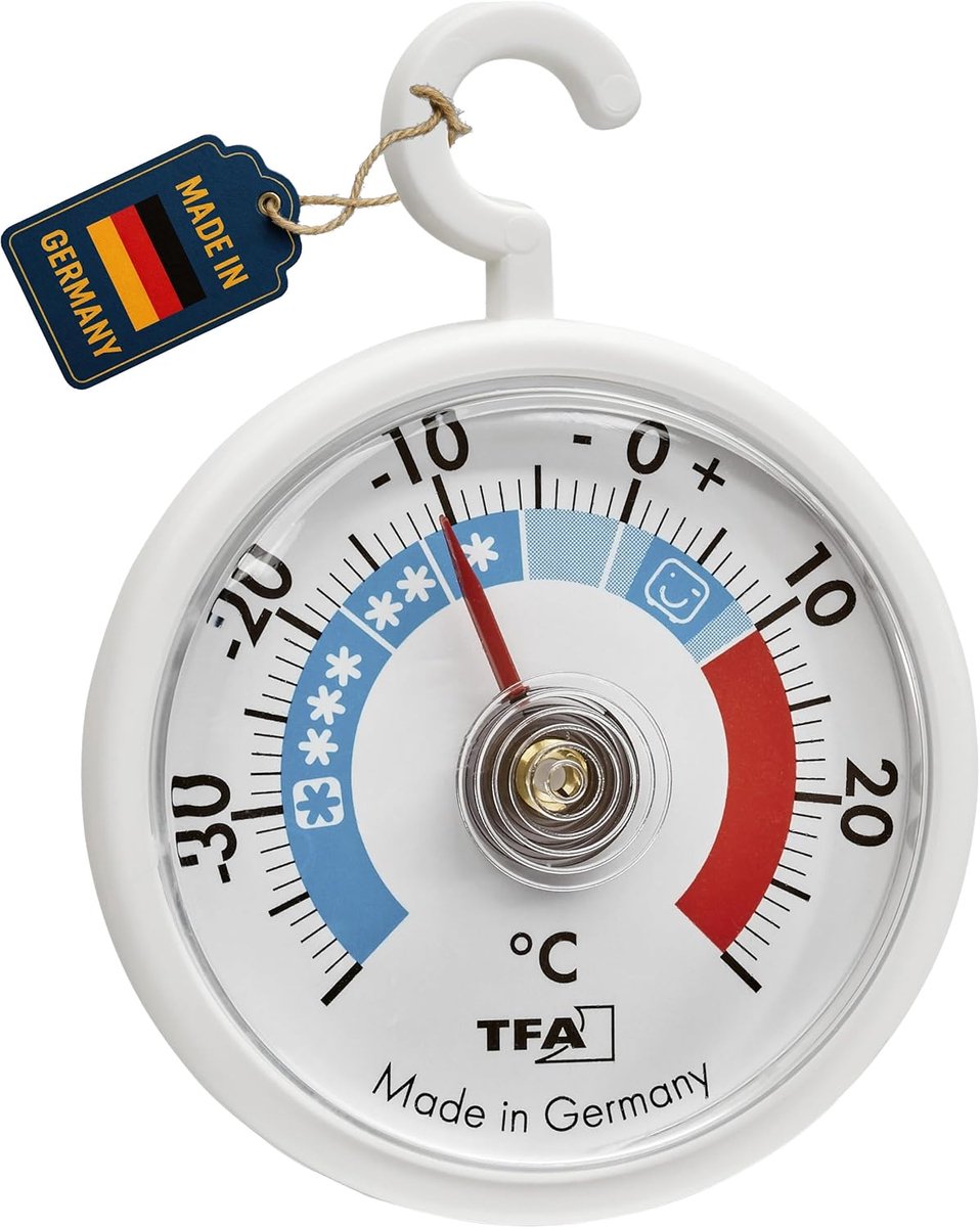 SnelShoppen - Analoge Koelkastthermometer met Haak - Handige Temperatuurmeter voor Koelkast, Vriezer en Koude Ruimte - Tot -40°C - Wit