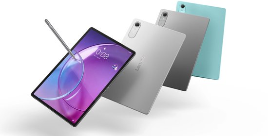 Lenovo tablet met pen, zilver, zilver en blauwgroen, scherm toont 10:08.
