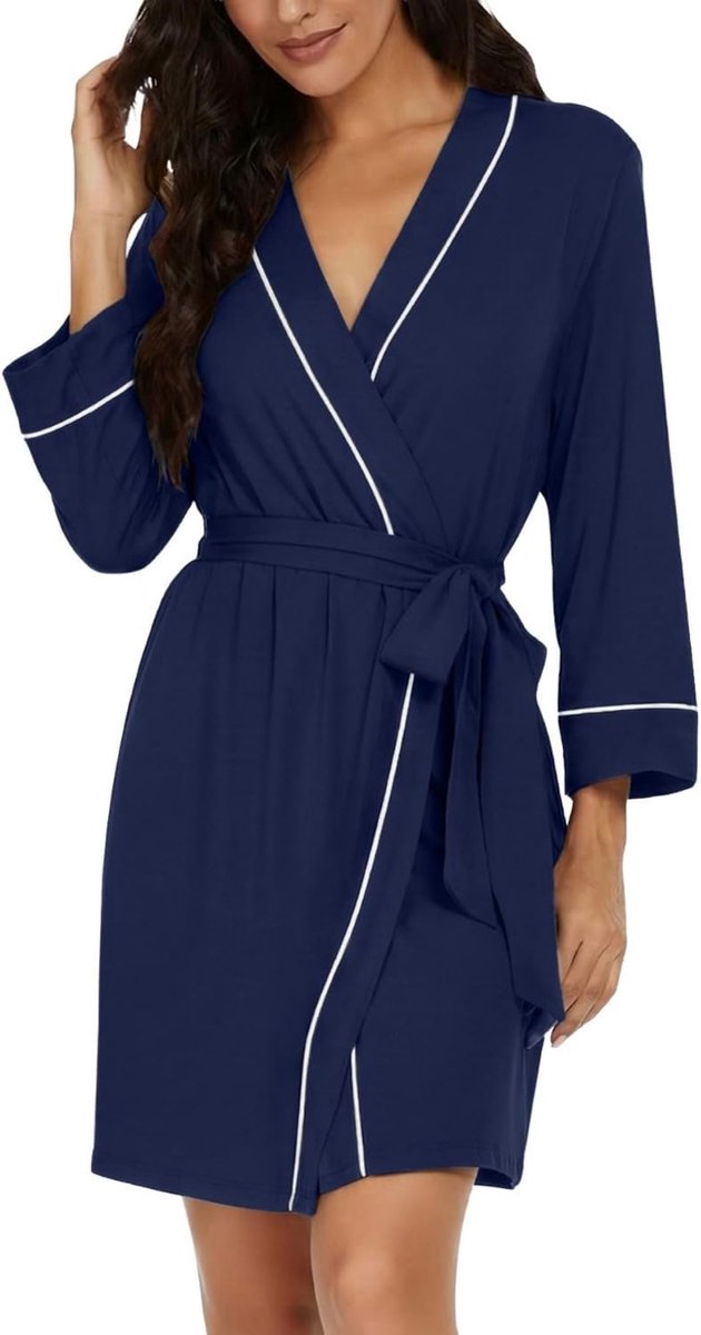 SnelShoppen - Korte Dames Badjas V-hals 3/4 Mouwen Lichtgewicht Kimono Robe Loungewear Ideaal voor Thuis en Ontspanning