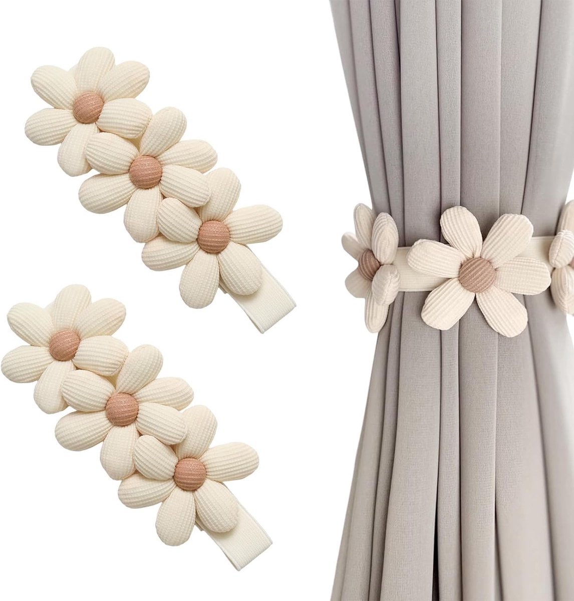 SnelShoppen - 2 elastische gordijnbinders met drukknoop, gordijnbinders zonder boren, polyester 3D-bloemen cartoonontwerp, beige voor woonkamer en sla