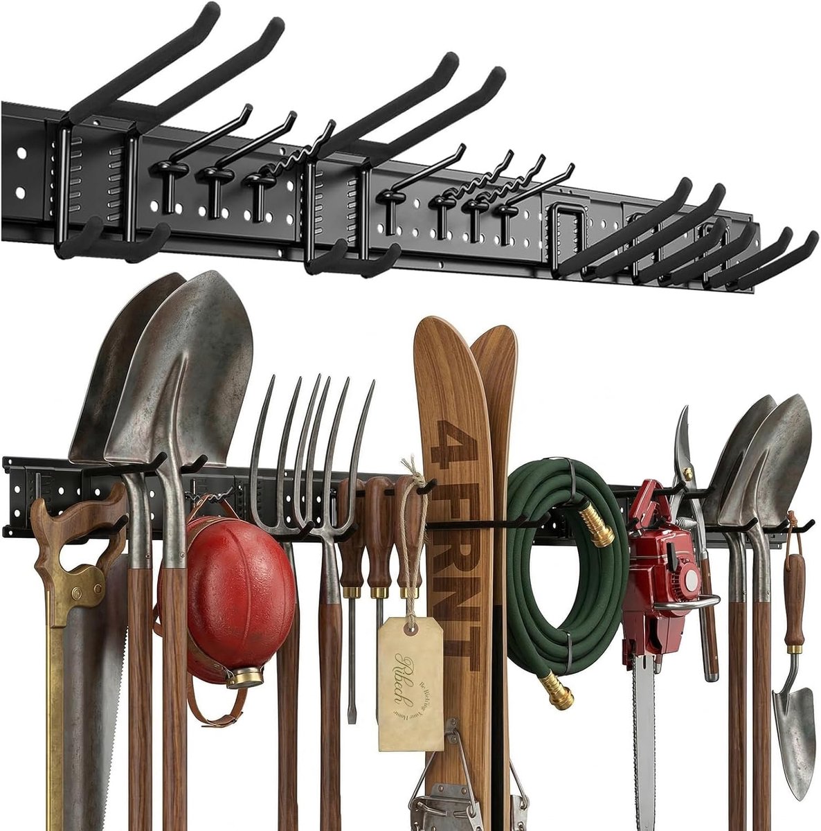 SnelShoppen - Tool Holder met 12 Wandmontages, Wandplank 122 cm, Rubber Coated Haken, Tot 250 kg, Voor Tuingereedschap, Ski's, Bezem, Scheppen, Wandbe