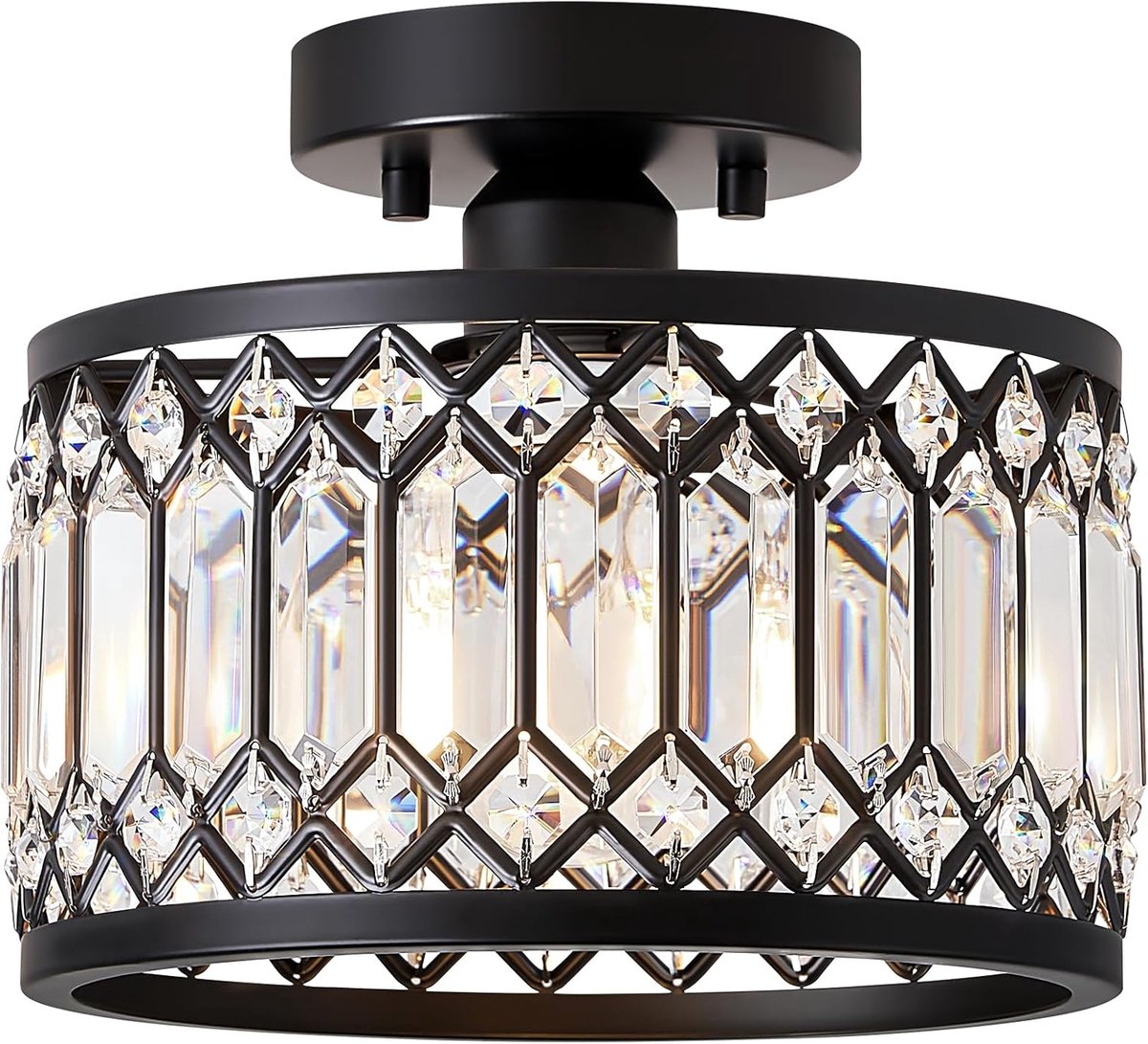 SnelShoppen - Crystal Plafondlamp - Zwarte Hanglamp met Metalen Frame en Kristallen - E27 Fitting - Moderne Stijl Geschikt voor Woonkamer, Slaapkamer,