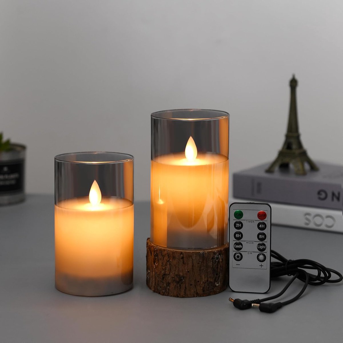 SnelShoppen - Set van 2 Oplaadbare LED Kaarsen met Grijze Glazen Cup, Flameless Kaarsen met Afstandsbediening, USB Kabel, 15cm voor Feest, Bruiloft, K