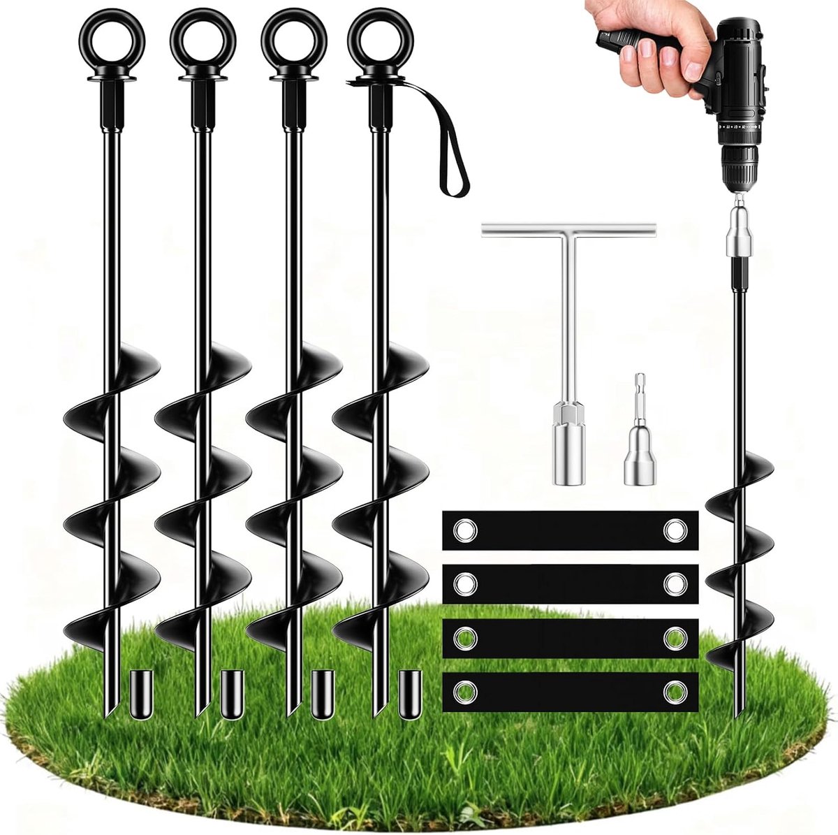 SnelShoppen - Ground Anchor 18 Inch Steel Grondanker voor Tenten, Trampolines, Schommels, Awnings, Camping - Heavy Duty Staaldraad met T-Wrench en Boo
