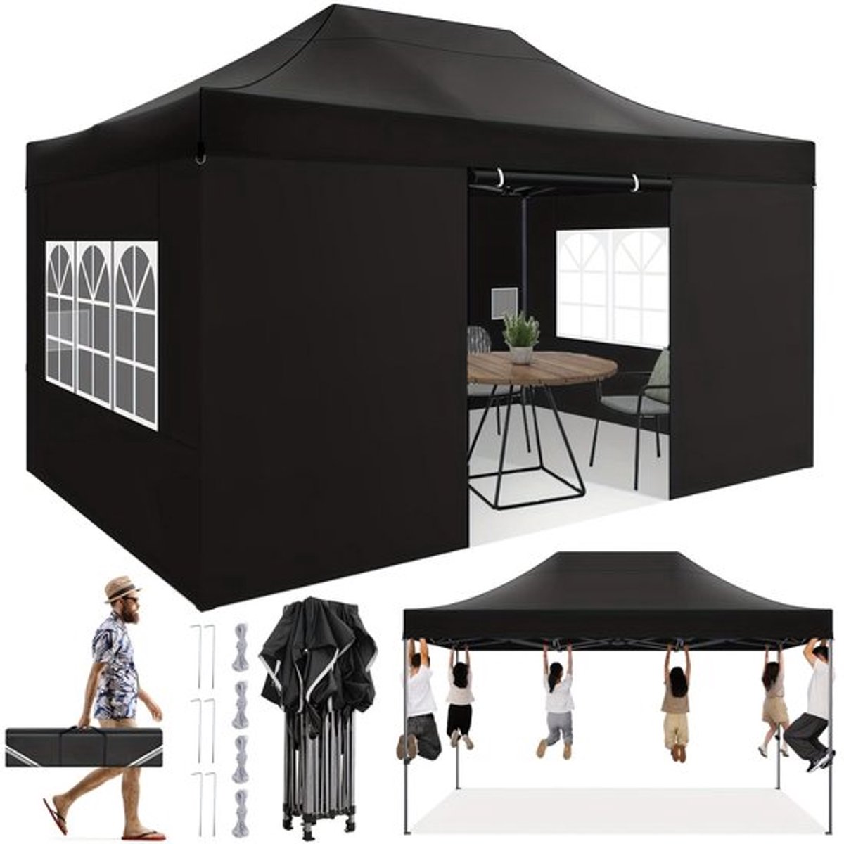 Partytent – Paviljoen – Easy Up Tent – Feesttent – Tuintent – Pop-up – 3,05x4,57 m – Verstelbare Hoogte – Aluminium Frame