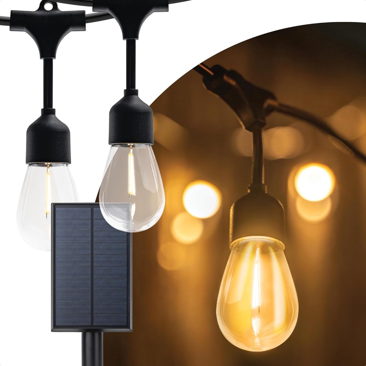 SnelShoppen - Solar Fairy Lights Buiten - 14.5m Tuinverlichting met 15 Filament LED Lampjes - IP55 Weerbestendig - Vintage Design - Warm Wit 2700K - I