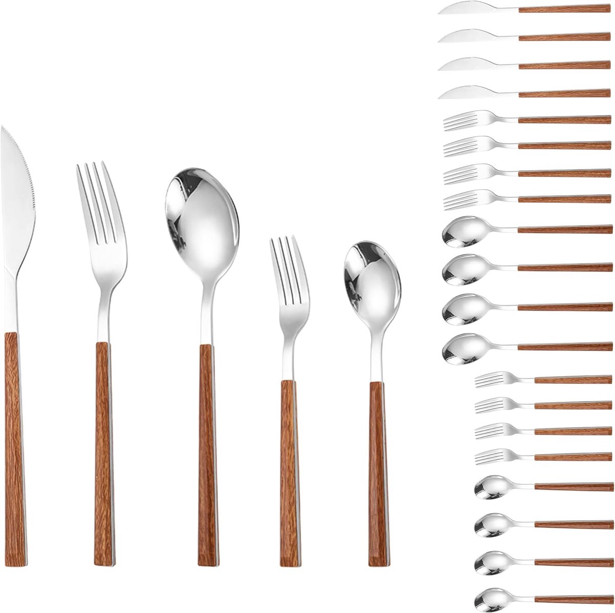 SnelShoppen - Bestek Set 20 Delig, RVS, Houten Handvat, Mes, Vork, Lepel, Servies Set voor 4 Personen, Ideaal voor Feest, Keuken en BBQ