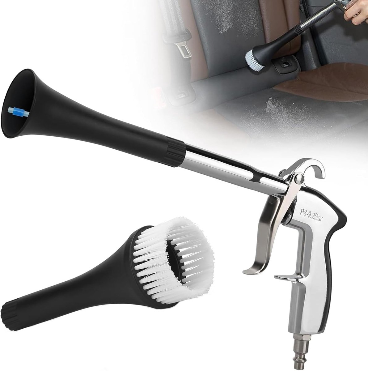 SnelShoppen - Car Cleaning Gun - Hoge Druk Schoonmaakpistool met Borstel - Voor Auto, Dashboard, Leren Stoelen, Vloerkleden - Zilver, Duurzaam Materia