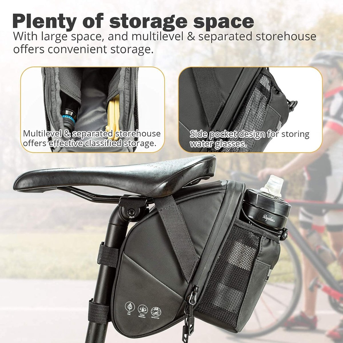 SnelShoppen - Fiets Zadeltas 1.5L Waterdicht Reflecterend Met Flessenhouder Voor Fietsen, Mountainbikes, Buitenactiviteiten, Competities, 600D Oxford,