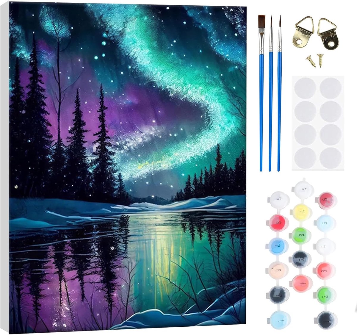 SnelShoppen - Aurora Paint by Numbers Set voor Volwassenen en Kinderen - Compleet DIY Schilderkit met Houten Lijst, Digitale Olieverf, 3 Penselen, Acr