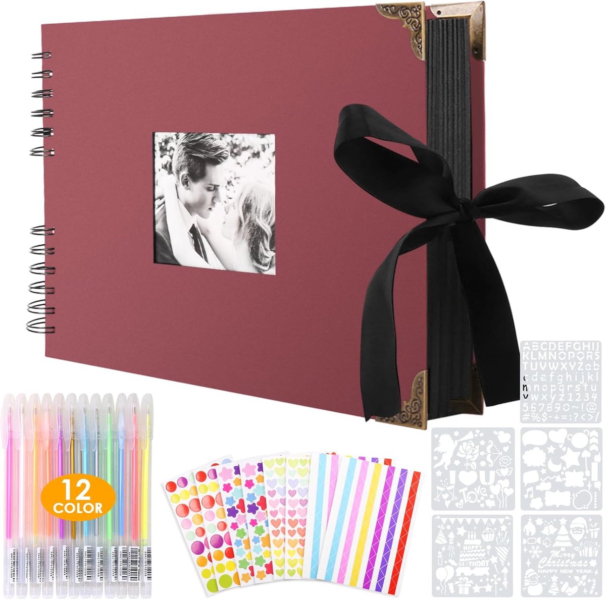 SnelShoppen - Photo Album A5, Personaliseerbaar, Spiral Binding, 80 Zwarte Pagina's, Inclusief 2 Fotohoeken, 6 Stickers, 5 Sjablonen, 12 Kleurrijke Ma