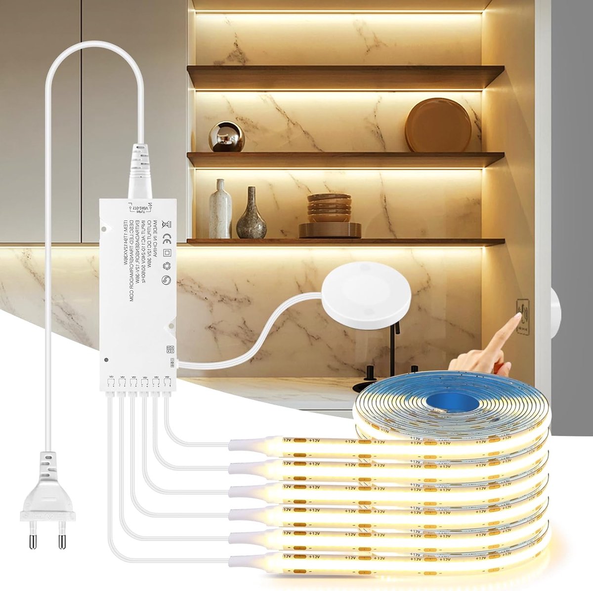 SnelShoppen - LED Strip 12V 6 Stuks 2m Warm Wit COB LED Strip Licht met Touch en Hand Sweep Dimmer Schakelaar voor Keuken, Kast en Display Verlichting