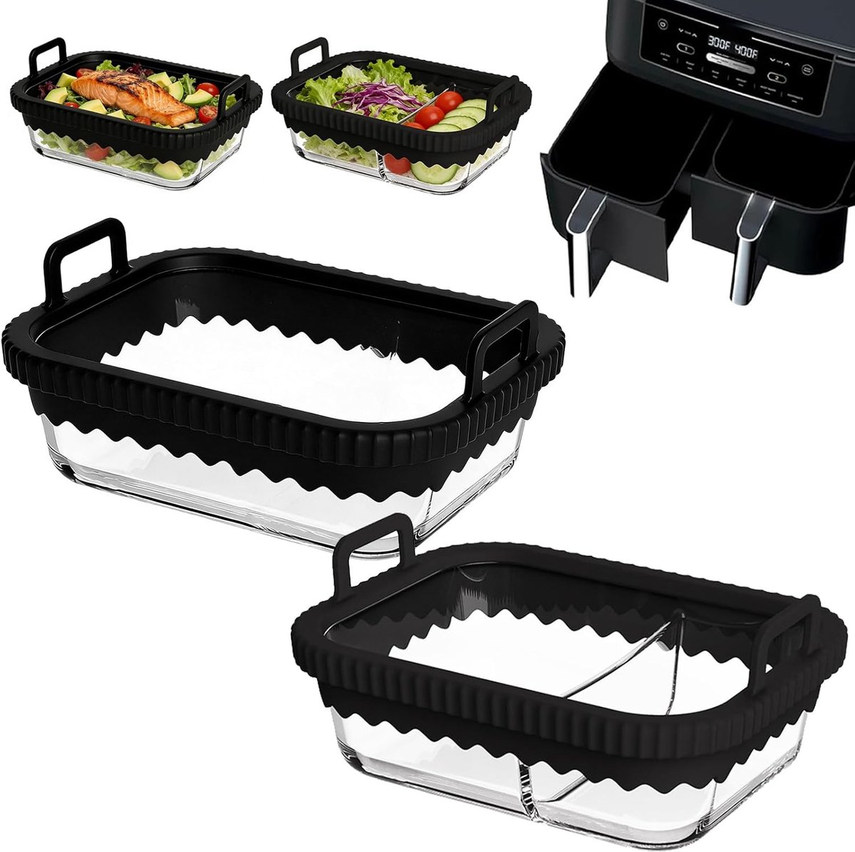 SnelShoppen - Airfryer-accessoires - Glazen Ovenschaal 21x16x7 cm - 2 Stuks met Siliconen Handgrepen - Perfect voor Ninja en COSORI Heteluchtfriteuses