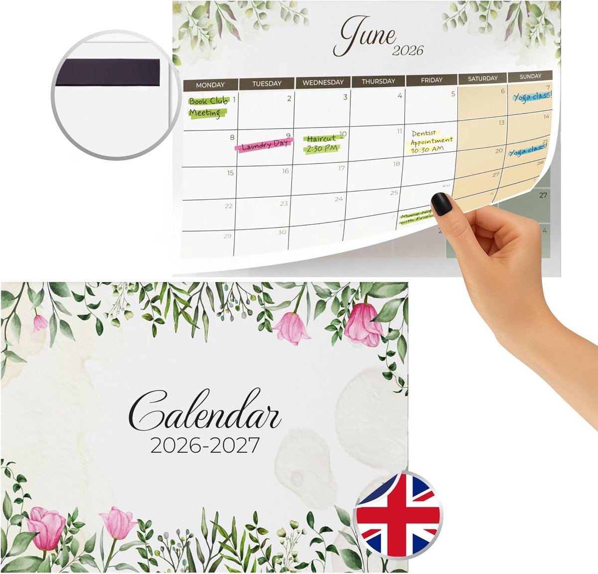 SnelShoppen - Magnetische Koelkastkalender A4 2026-2027 | Sterke Hechting, Maandelijkse Planner, Engelstalig, Ideaal voor Keuken, Gezinsorganisatie, 1