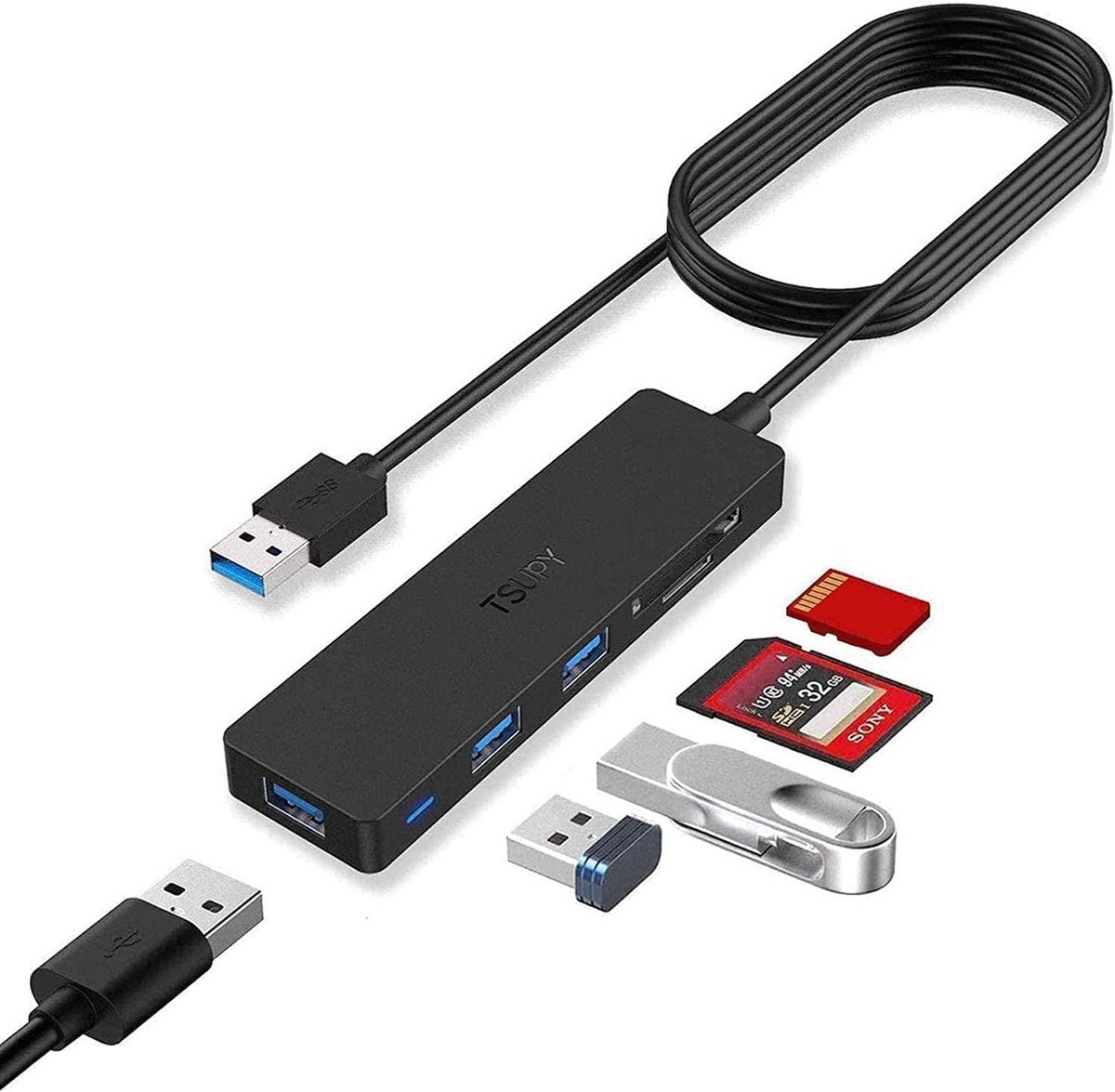SnelShoppen - USB 3.0-hub met 3 poorten, 5 Gbps snelheid, 1,2 m kabel, SD/TF-kaartlezer, USB-adapter voor Macbook, iMac, externe harde schijven, noteb