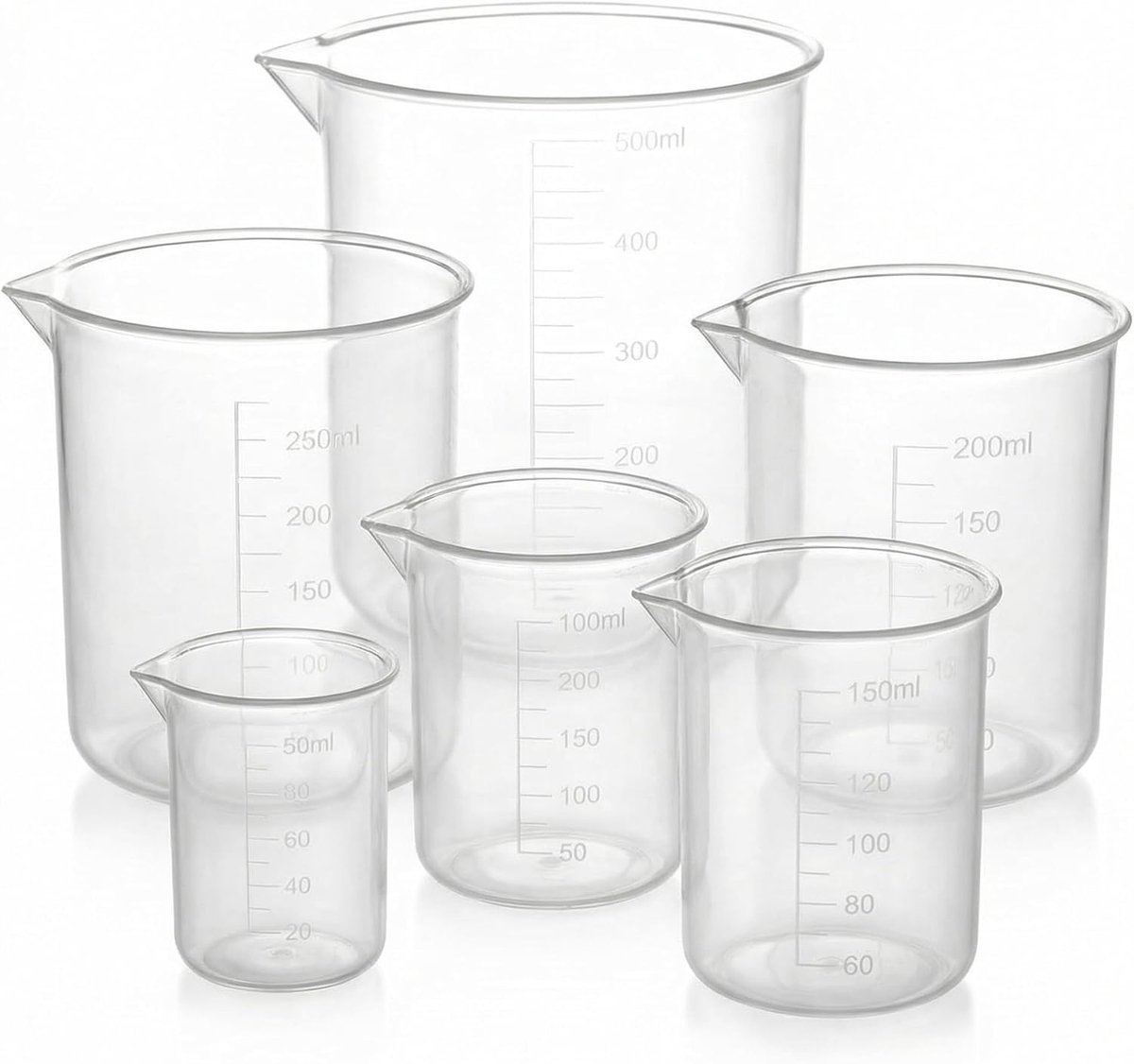 SnelShoppen - Maatbeker Set 6 Stuks - Transparante Plastic Maatbekers 50ml 100ml 150ml 200ml 250ml 500ml - Voor Laboratorium en Keuken - Perfect voor