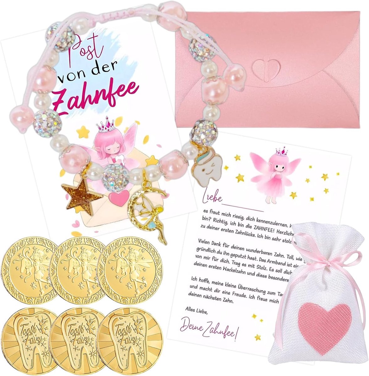 SnelShoppen - Zahnfee Cadeau voor Kinderen, 6x Munten, Parelarmband, Tandenfee Set met Ansichtkaart, Verloren Tand Geschenken, Feestelijke Cadeaus voo