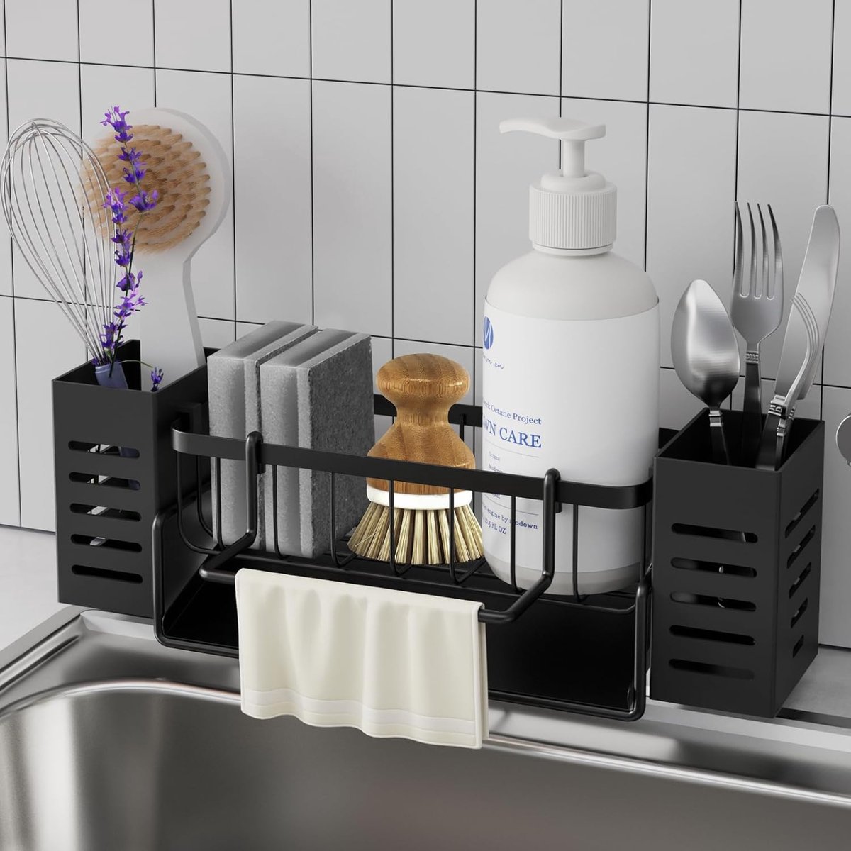 Thijox - Spoelbakorganizer Roestvrijstaal met Zelfledigende Afvoer, Handdoekhouder en Opbergdoos voor Afwasborstels - Keuken en Badkamer Organizer