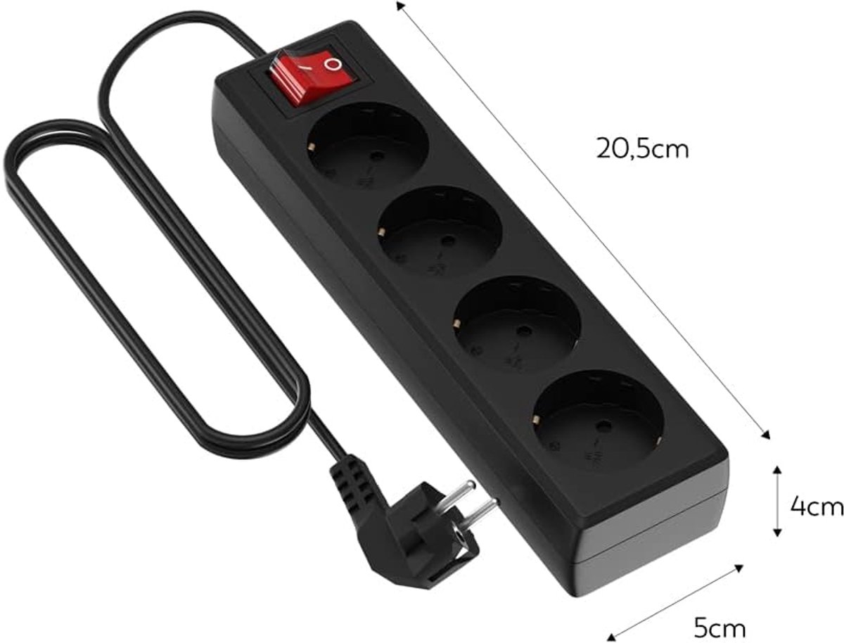 SnelShoppen - Stekkerdoos Zwart met 4 Stopcontacten en Schakelaar, 3m Kabel, Ideaal voor Thuis, Kantoor, Camping en Tuin